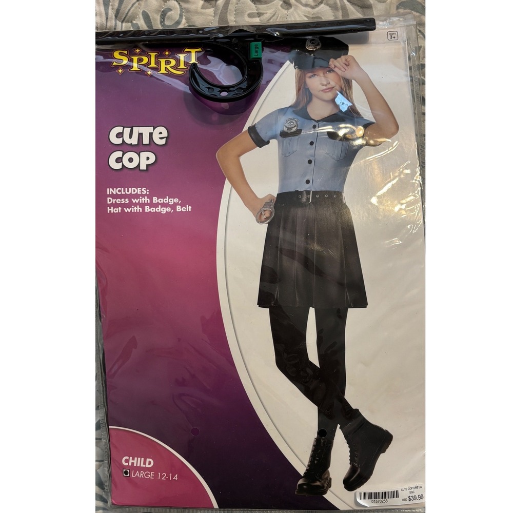 Spirit Halloween Cute Cop Costume Child Large 12-14 Blue Black Dress Hat Belt